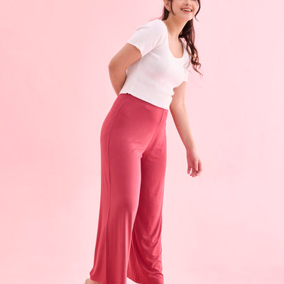 Women Solid Rusty Pink Viscose Mid Rise Knit Palazzos