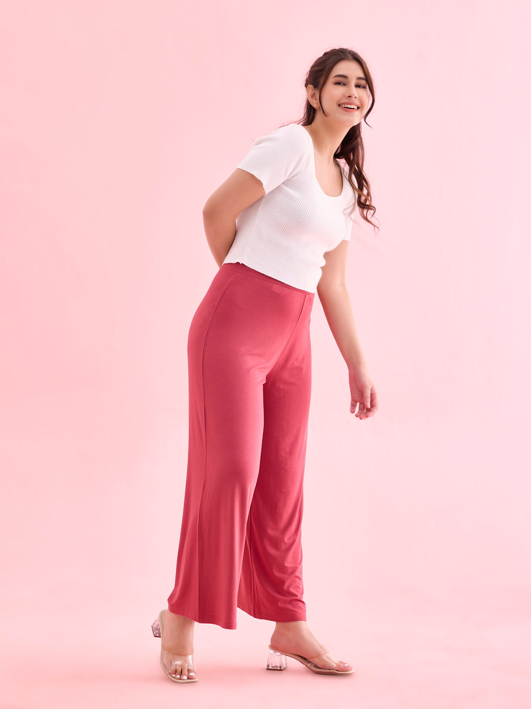 Women Solid Rusty Pink Viscose Mid Rise Knit Palazzos