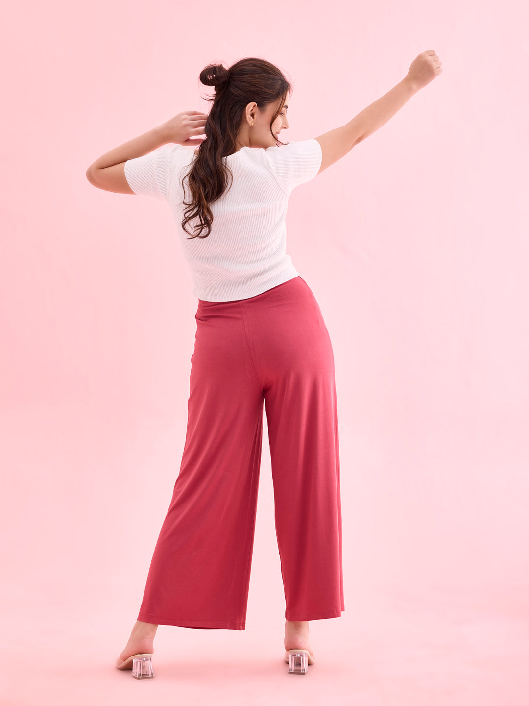 Women Solid Rusty Pink Viscose Mid Rise Knit Palazzos