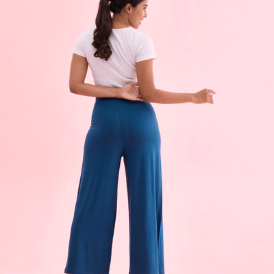 Women Solid Turquoise Blue Viscose Mid Rise Knit Palazzos