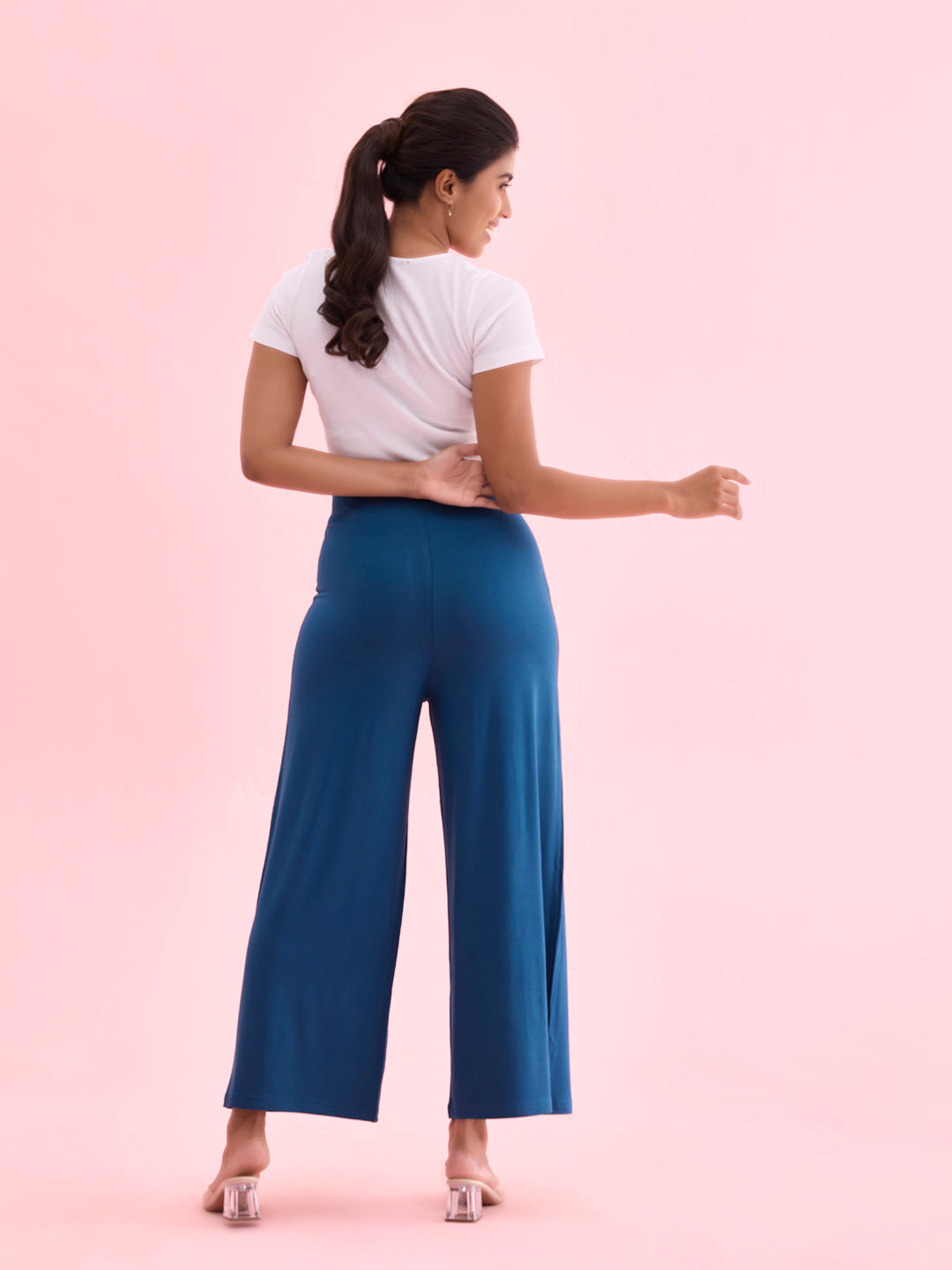 Women Solid Turquoise Blue Viscose Mid Rise Knit Palazzos
