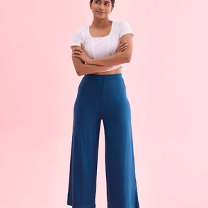 Women Solid Turquoise Blue Viscose Mid Rise Knit Palazzos