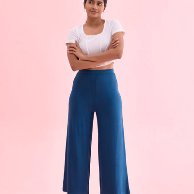 Women Solid Turquoise Blue Viscose Mid Rise Knit Palazzos