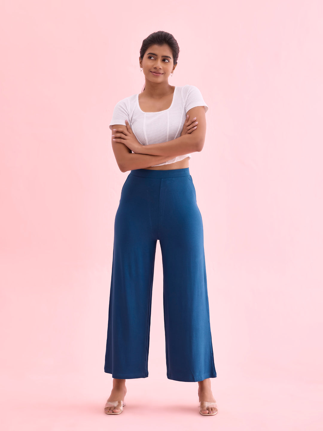 Women Solid Turquoise Blue Viscose Mid Rise Knit Palazzos