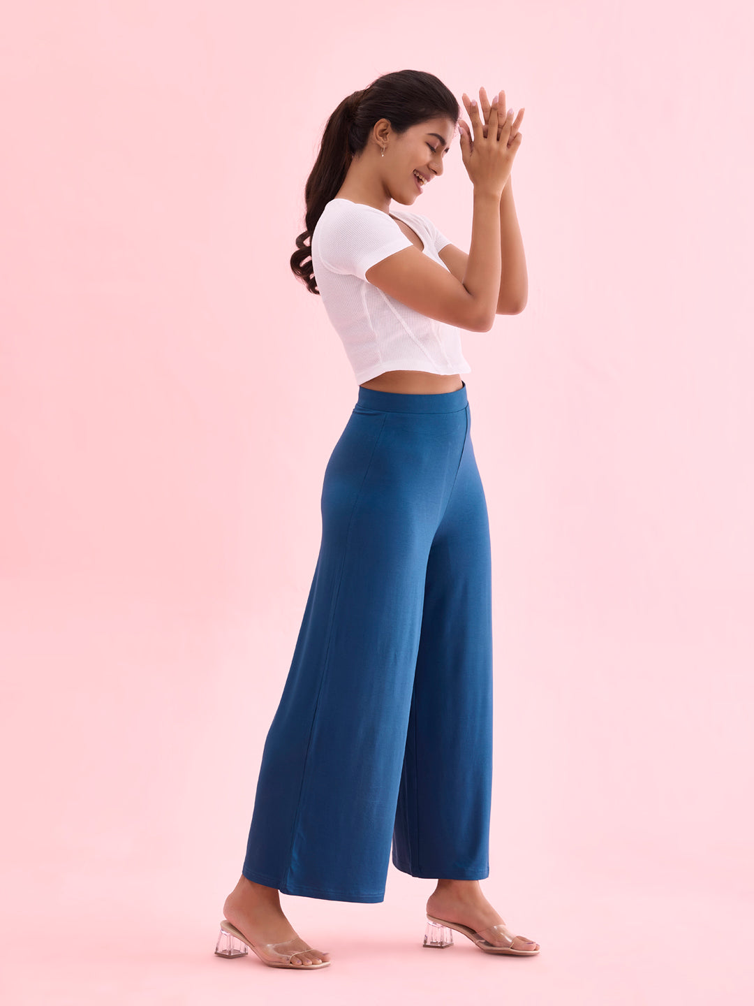 Women Solid Turquoise Blue Viscose Mid Rise Knit Palazzos