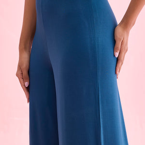 Women Solid Turquoise Blue Viscose Mid Rise Knit Palazzos