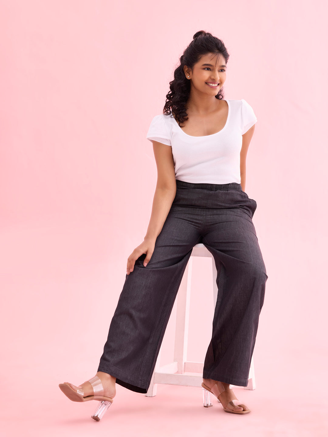 Women Solid Black Denims Wide Leg Pants