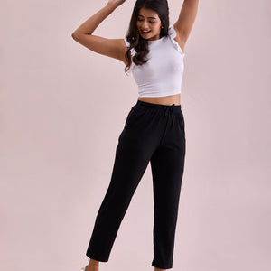 Women Solid Black Mid Rise Casual Rib Pants
