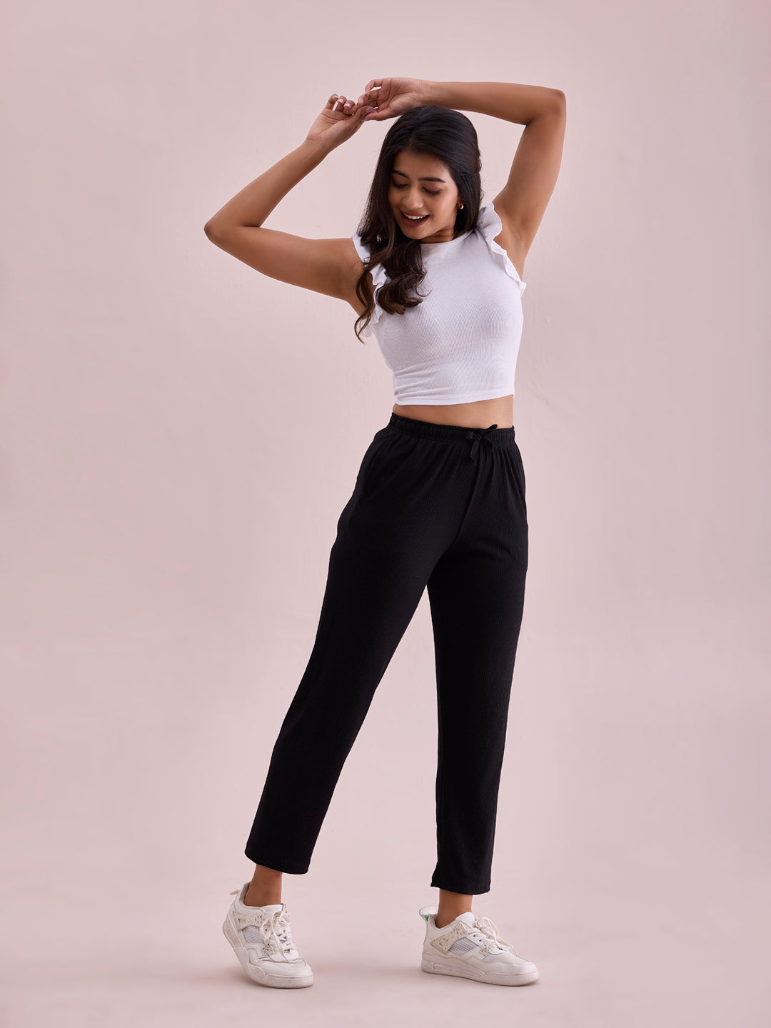 Women Solid Black Mid Rise Casual Rib Pants