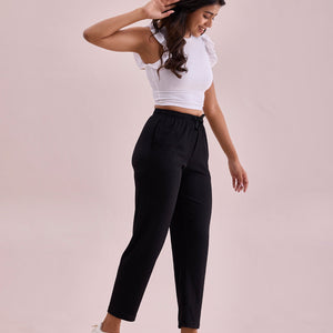 Women Solid Black Mid Rise Casual Rib Pants