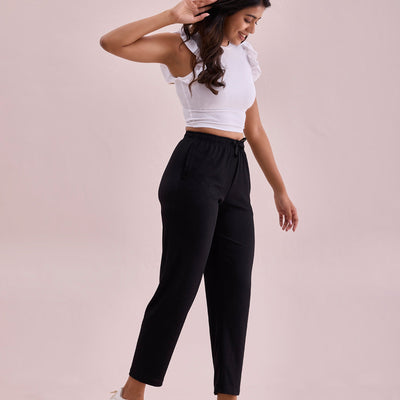 Women Solid Black Mid Rise Casual Rib Pants