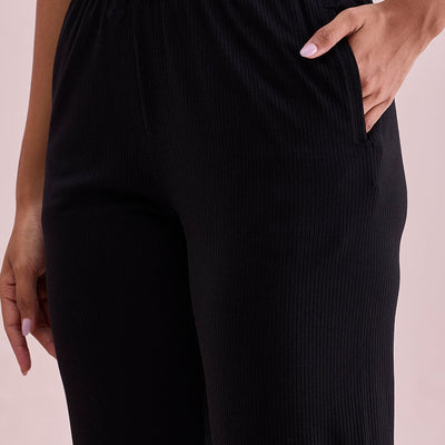 Women Solid Black Mid Rise Casual Rib Pants