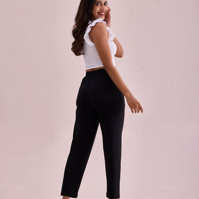 Women Solid Black Mid Rise Casual Rib Pants