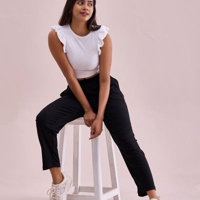 Women Solid Black Mid Rise Casual Rib Pants
