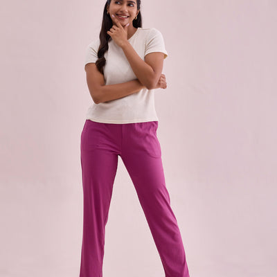 Women Solid Dark Pink Mid Rise Casual Rib Pants