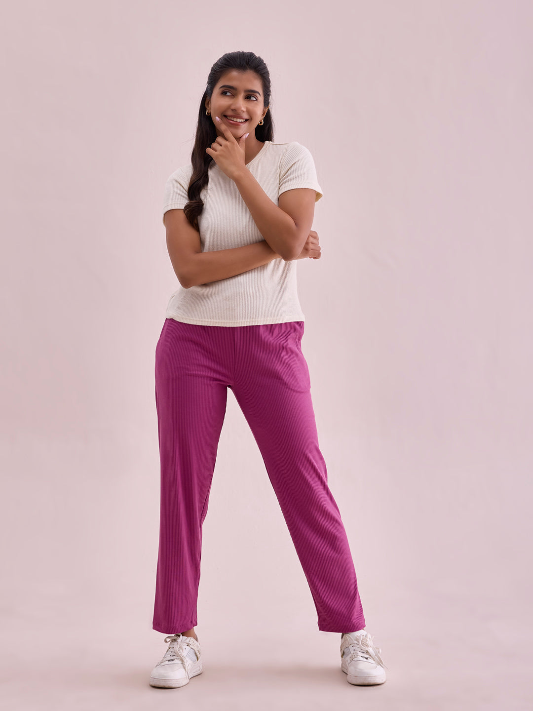 Women Solid Dark Pink Mid Rise Casual Rib Pants