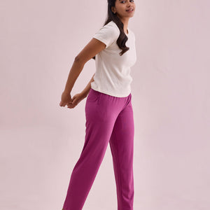 Women Solid Dark Pink Mid Rise Casual Rib Pants