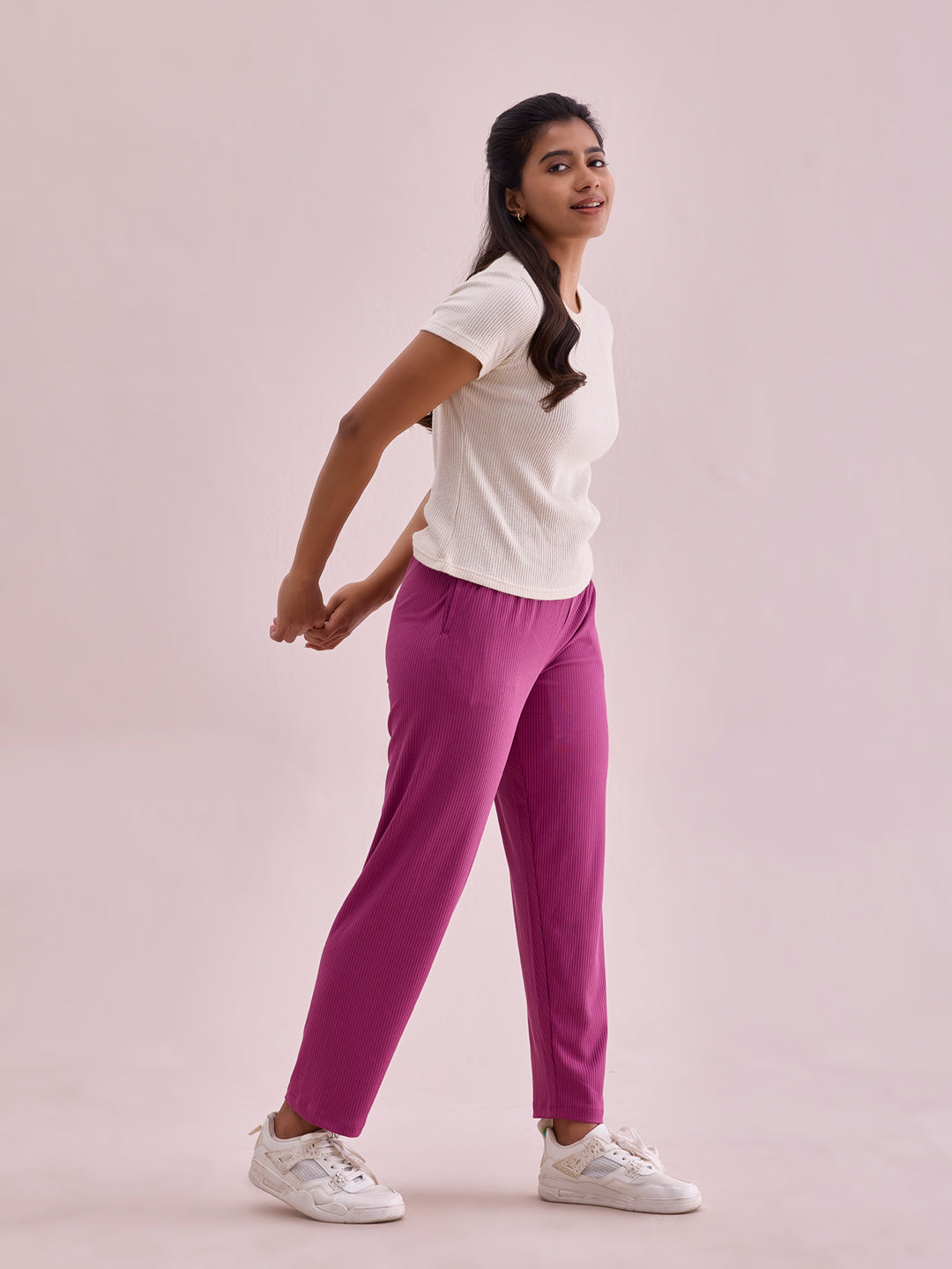 Women Solid Dark Pink Mid Rise Casual Rib Pants