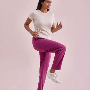 Women Solid Dark Pink Mid Rise Casual Rib Pants