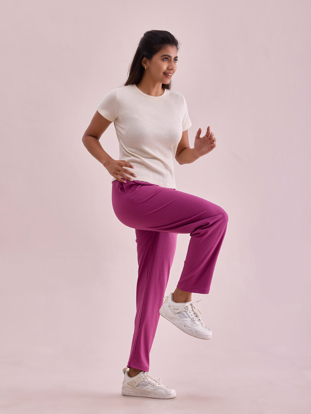 Women Solid Dark Pink Mid Rise Casual Rib Pants