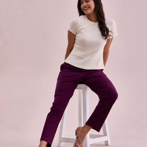 Women Solid Dark Wine Mid Rise Casual Rib Pants