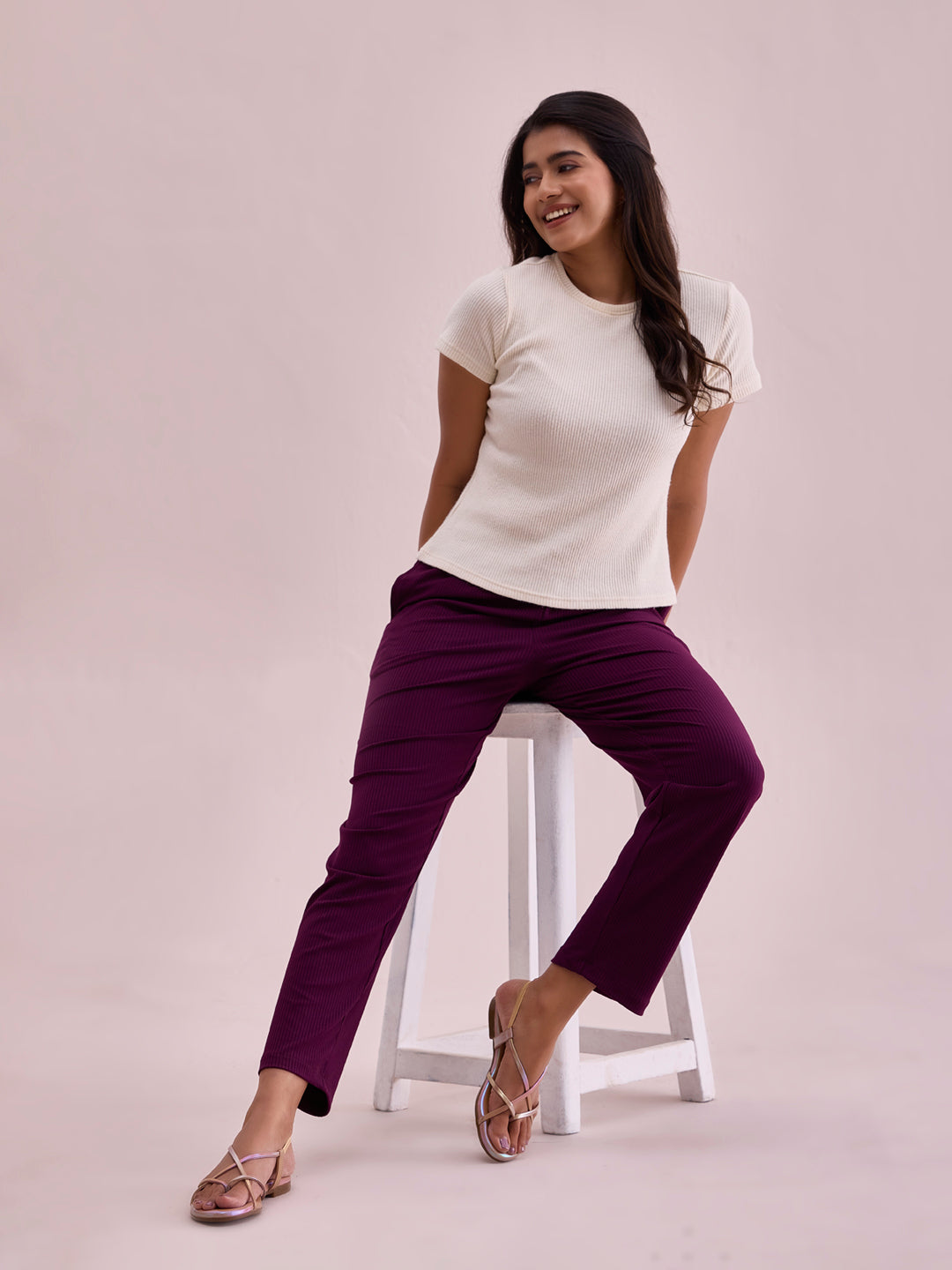 Women Solid Dark Wine Mid Rise Casual Rib Pants