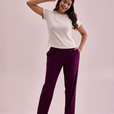 Women Solid Dark Wine Mid Rise Casual Rib Pants