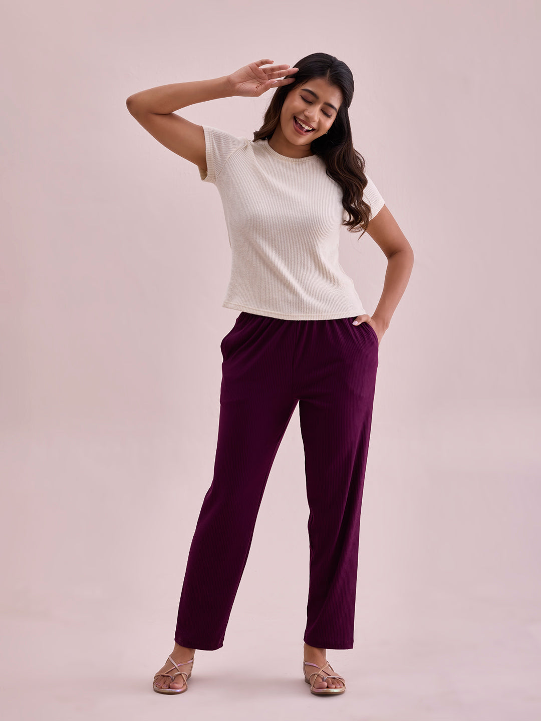 Women Solid Dark Wine Mid Rise Casual Rib Pants