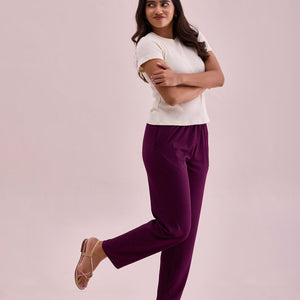 Women Solid Dark Wine Mid Rise Casual Rib Pants