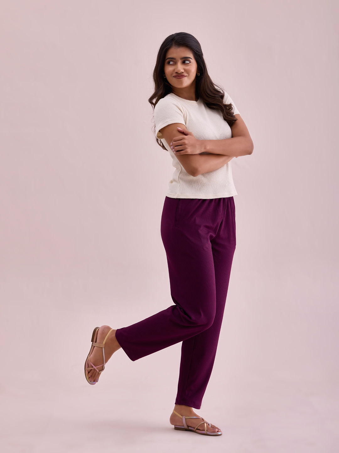 Women Solid Dark Wine Mid Rise Casual Rib Pants