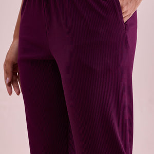 Women Solid Dark Wine Mid Rise Casual Rib Pants