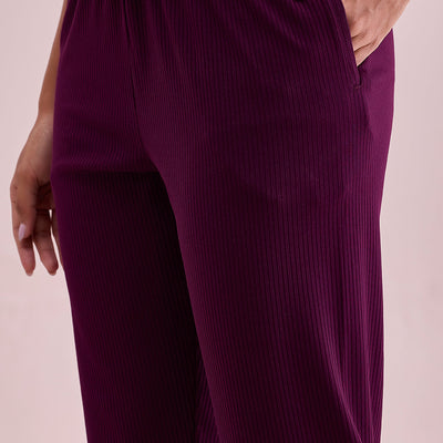 Women Solid Dark Wine Mid Rise Casual Rib Pants
