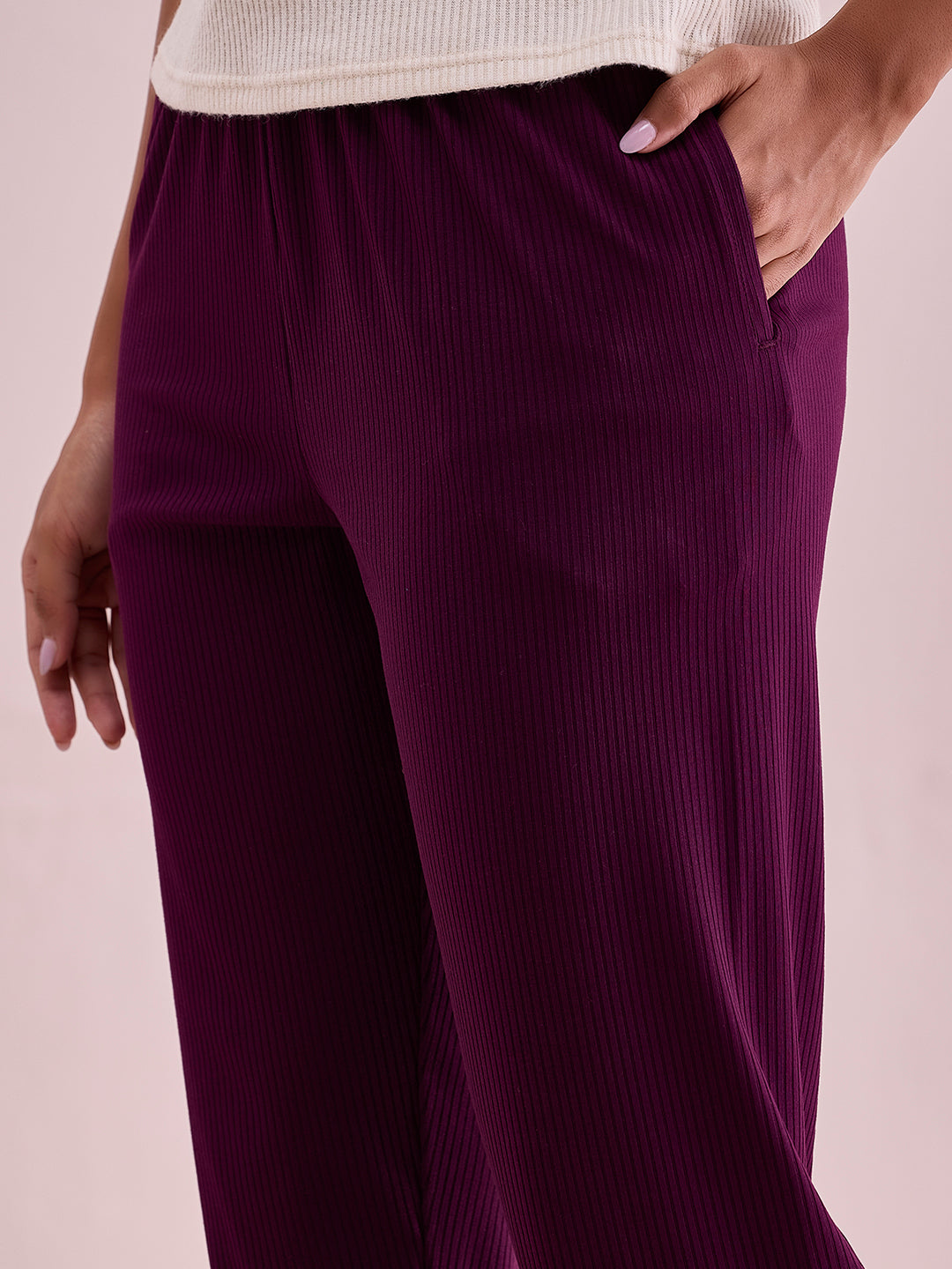Women Solid Dark Wine Mid Rise Casual Rib Pants