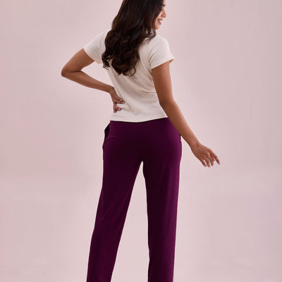 Women Solid Dark Wine Mid Rise Casual Rib Pants