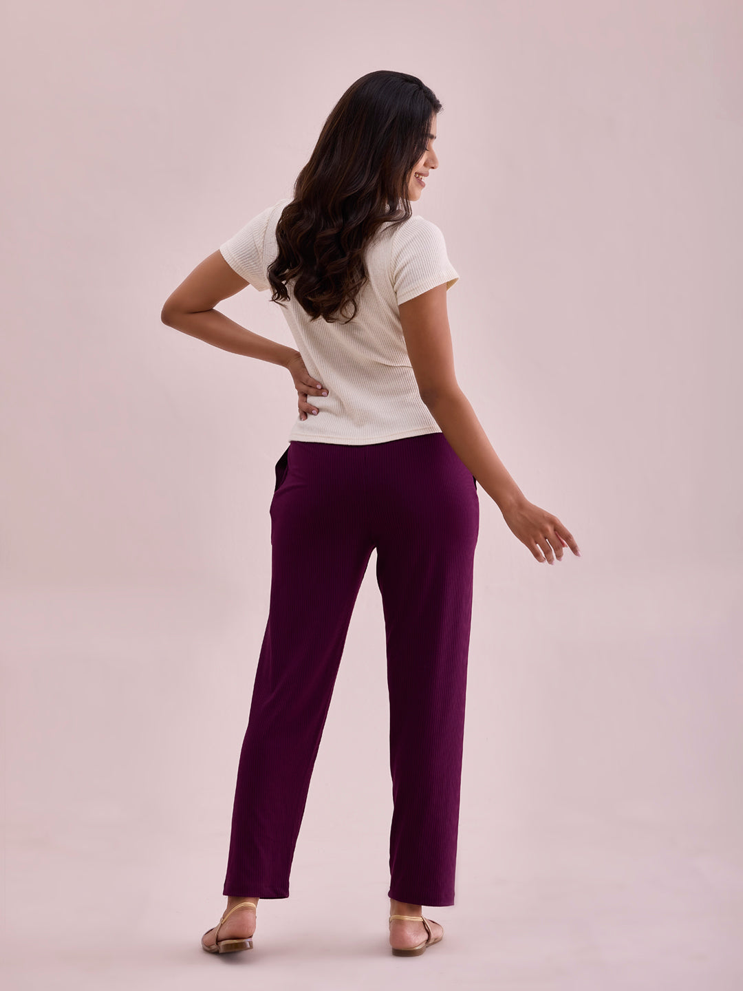 Women Solid Dark Wine Mid Rise Casual Rib Pants