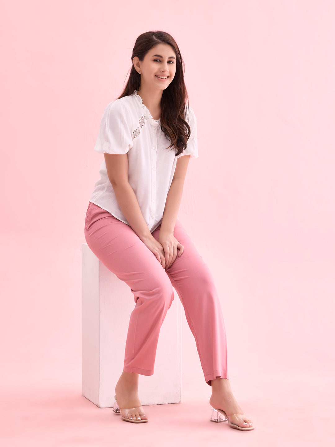 Women Solid Dusty Pink Mid Rise Casual Pants