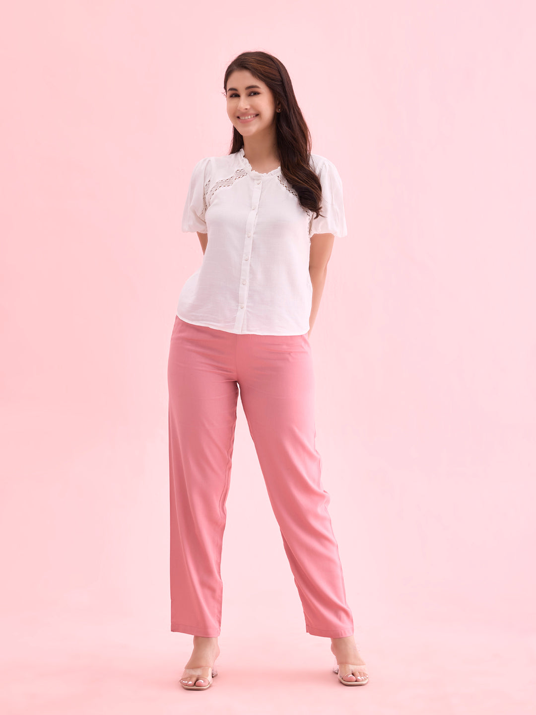 Women Solid Dusty Pink Mid Rise Casual Pants
