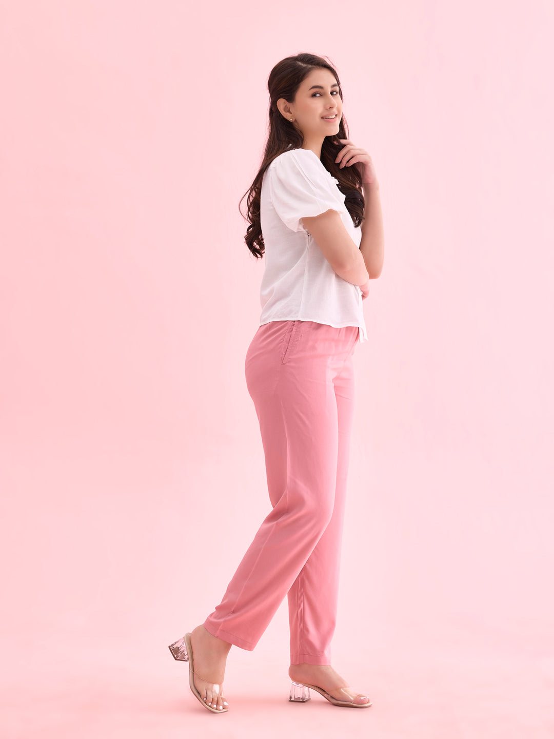 Women Solid Dusty Pink Mid Rise Casual Pants