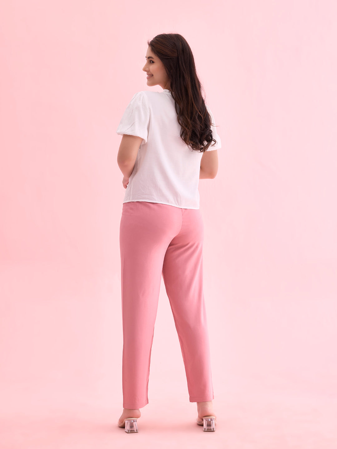 Women Solid Dusty Pink Mid Rise Casual Pants