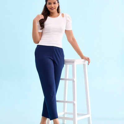 Women Solid Navy Mid Rise Casual Rib Pants