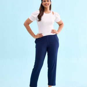 Women Solid Navy Mid Rise Casual Rib Pants