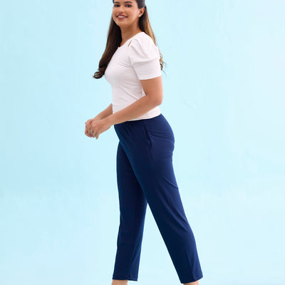 Women Solid Navy Mid Rise Casual Rib Pants