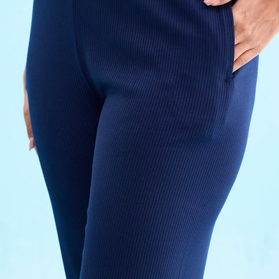 Women Solid Navy Mid Rise Casual Rib Pants