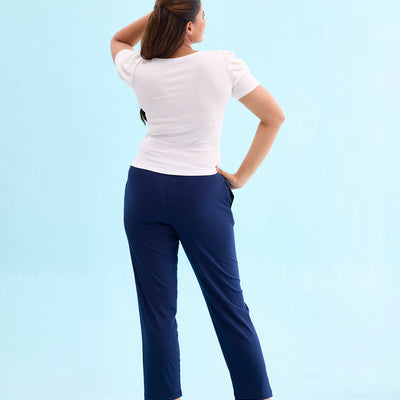 Women Solid Navy Mid Rise Casual Rib Pants