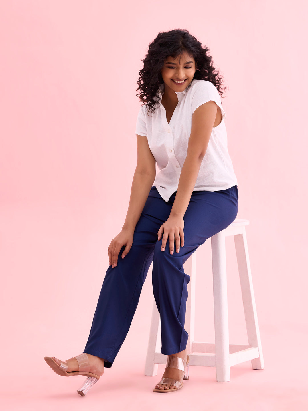 Women Solid Navy Mid Rise Casual Pants