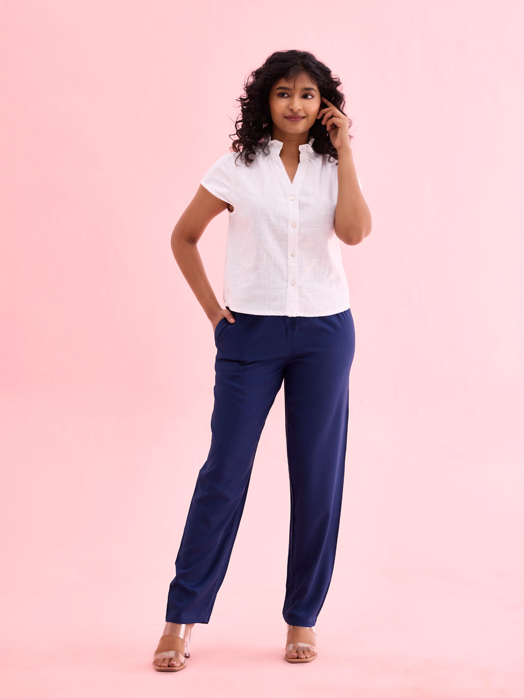 Women Solid Navy Mid Rise Casual Pants