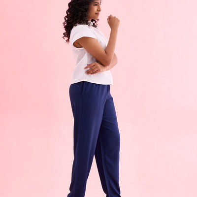 Women Solid Navy Mid Rise Casual Pants