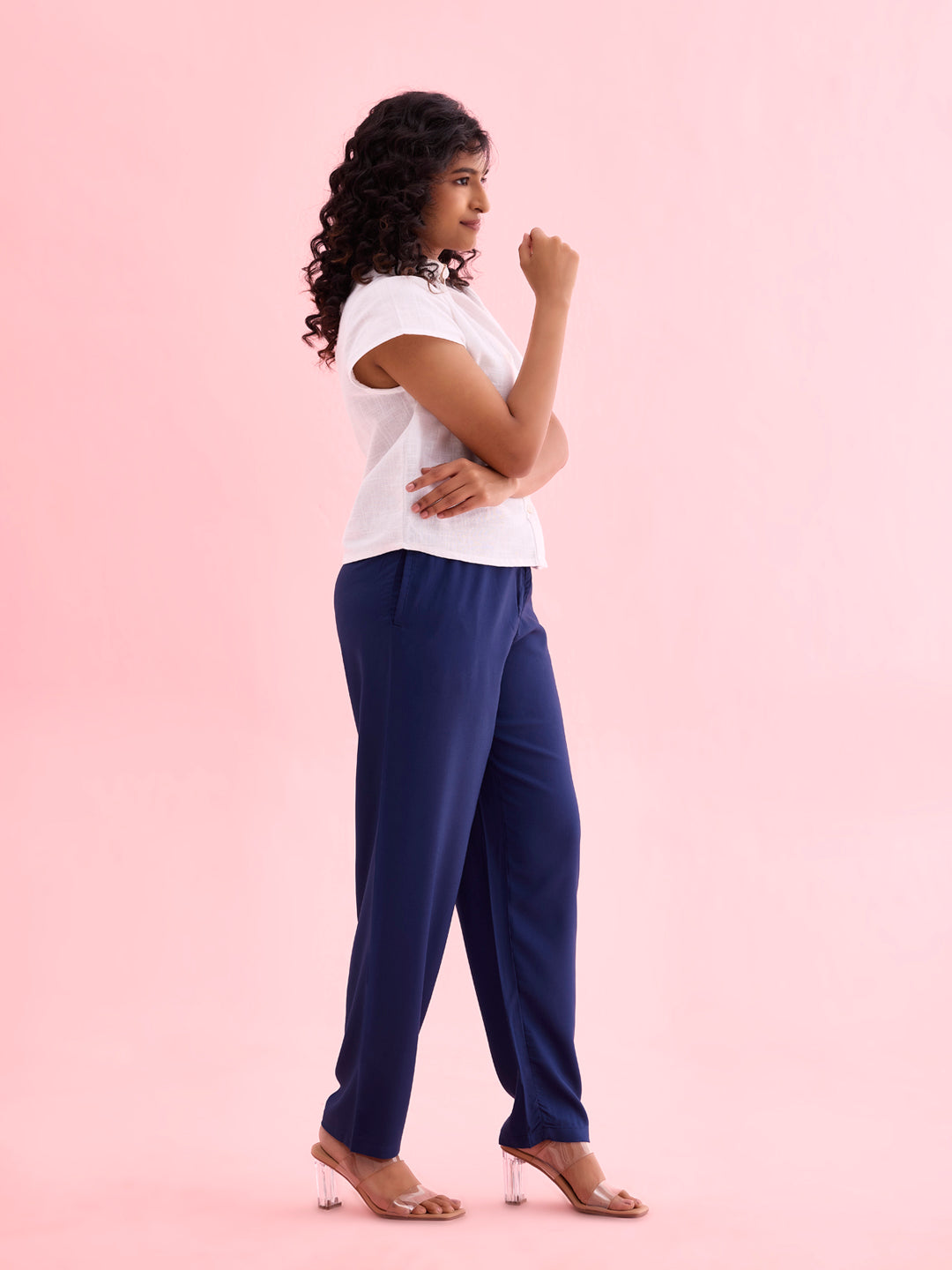 Women Solid Navy Mid Rise Casual Pants