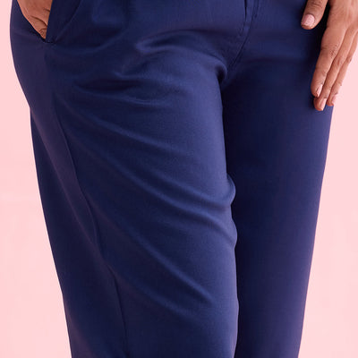 Women Solid Navy Mid Rise Casual Pants