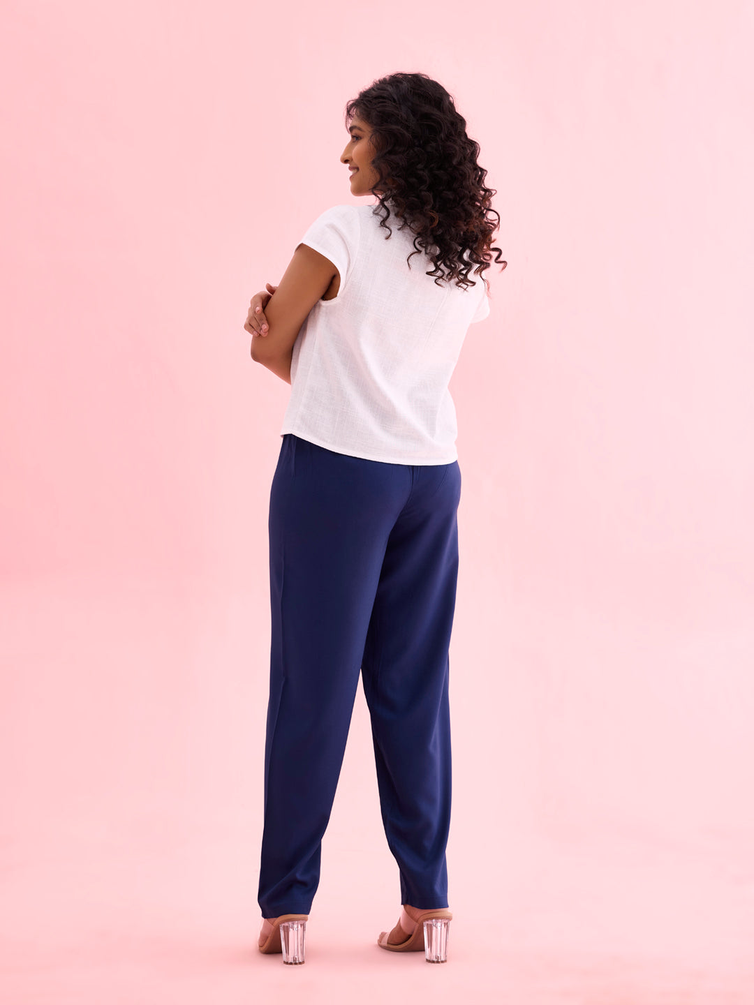 Women Solid Navy Mid Rise Casual Pants